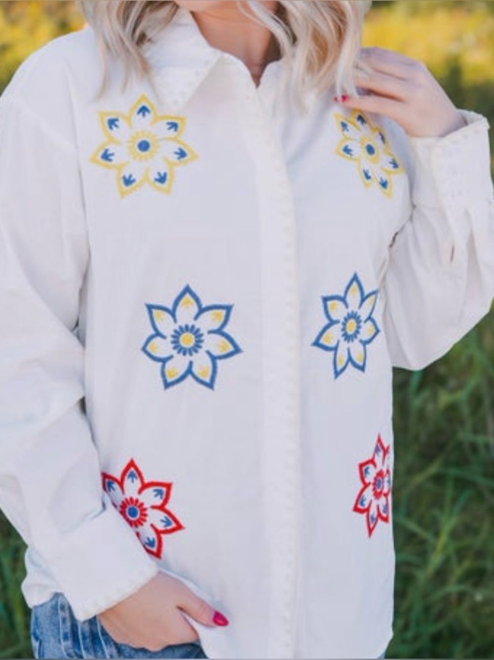 JODIFL White Button-Down Shirt with Blue, Yellow & Red Floral Embroidery